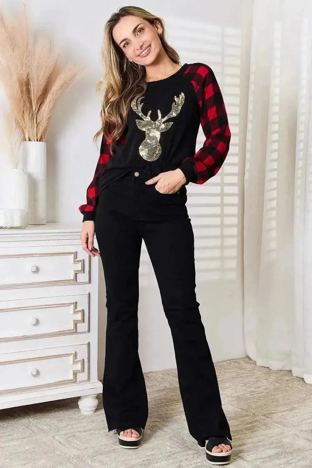 Heimish Full Size Sequin Reindeer Graphic Plaid Top - Bad Moms Club