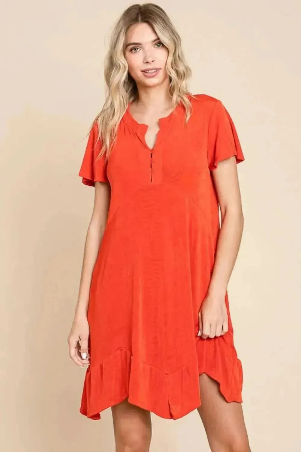 Culture Code Full Size Short Sleeve Ruffled Asymmetric Hem Dress - Bad Moms Club