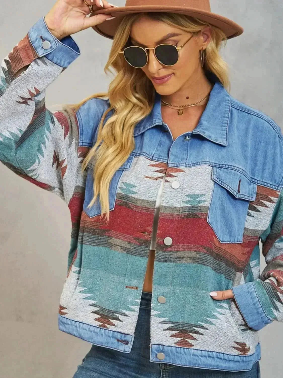 Geometric Button Up Dropped Shoulder Denim Jacket - Bad Moms Club