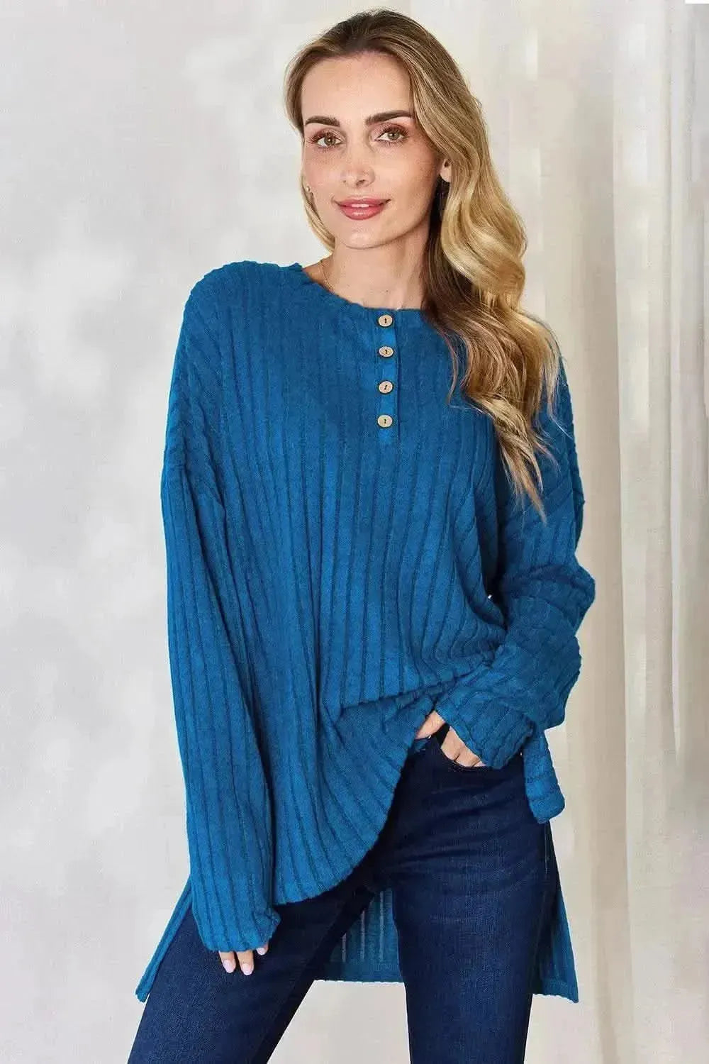 Basic Bae Full Size Ribbed Half Button Long Sleeve High-Low T-Shirt - Bad Moms Club