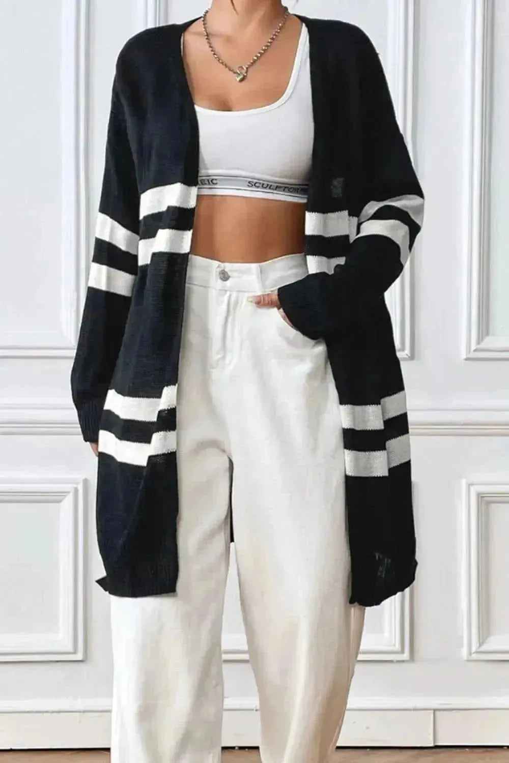 Striped Open Front Dropped Shoulder Cardigan - Bad Moms Club
