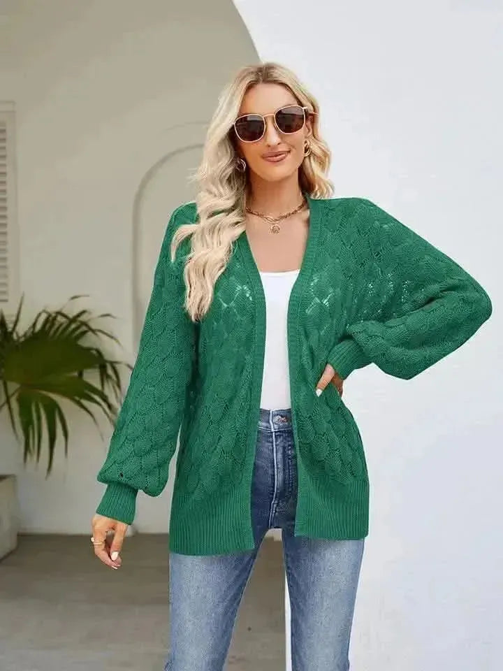 Openwork Open Front Lantern Sleeve Cardigan - Bad Moms Club