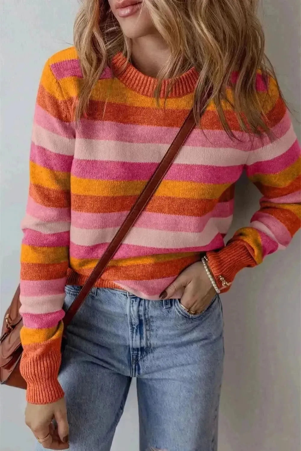 Striped Round Neck Long Sleeve Sweater - Bad Moms Club