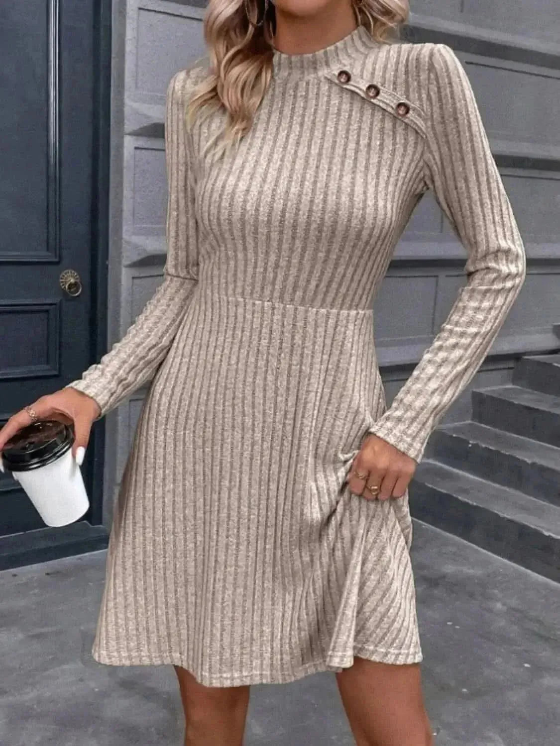 Decorative Button Mock Neck Long Sleeve Sweater Dress - Bad Moms Club