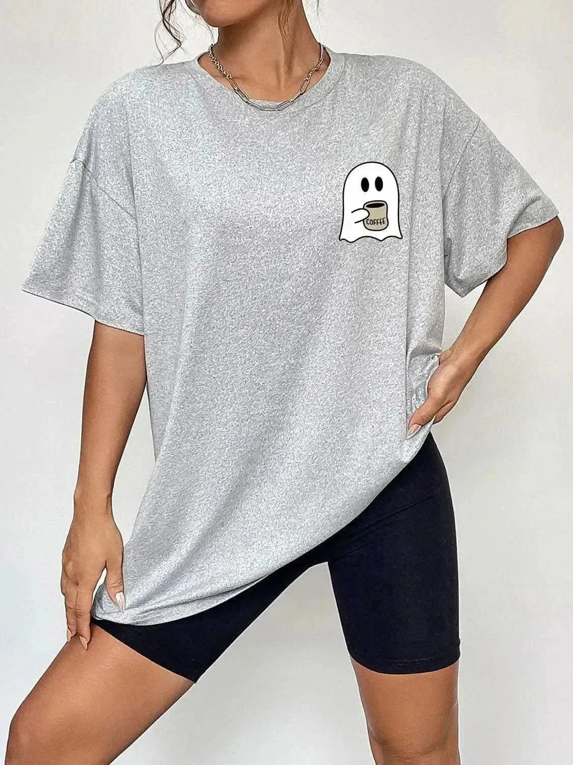 Round Neck Short Sleeve Ghost Graphic T-Shirt - Bad Moms Club