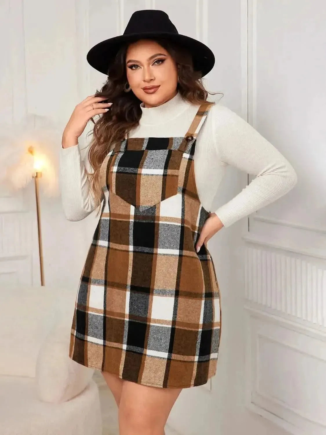 Honey Plus Size Plaid Wide Strap Overall Dress - Bad Moms Club