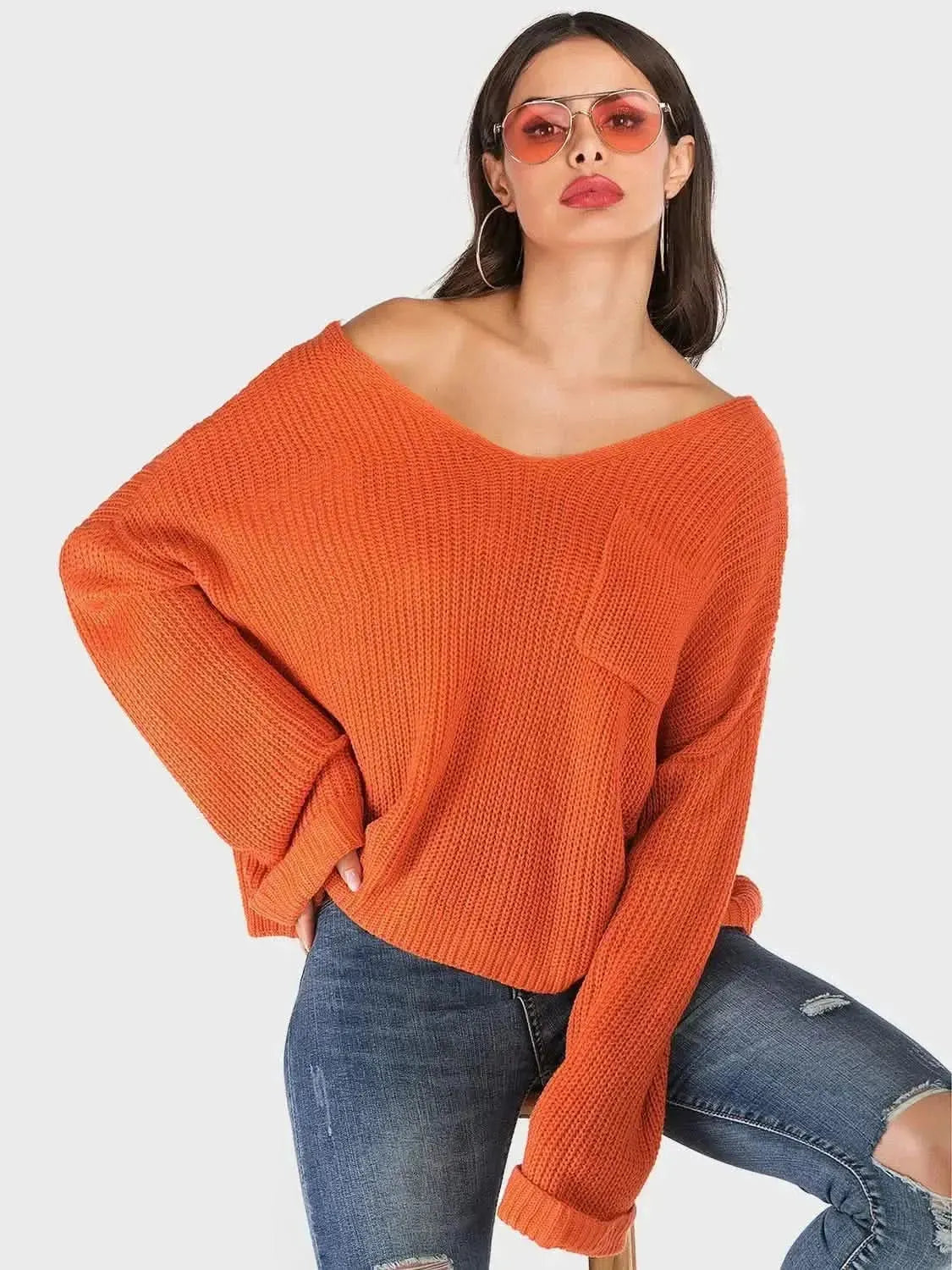Perfee V-Neck Dropped Shoulder Long Sleeve Sweater - Bad Moms Club