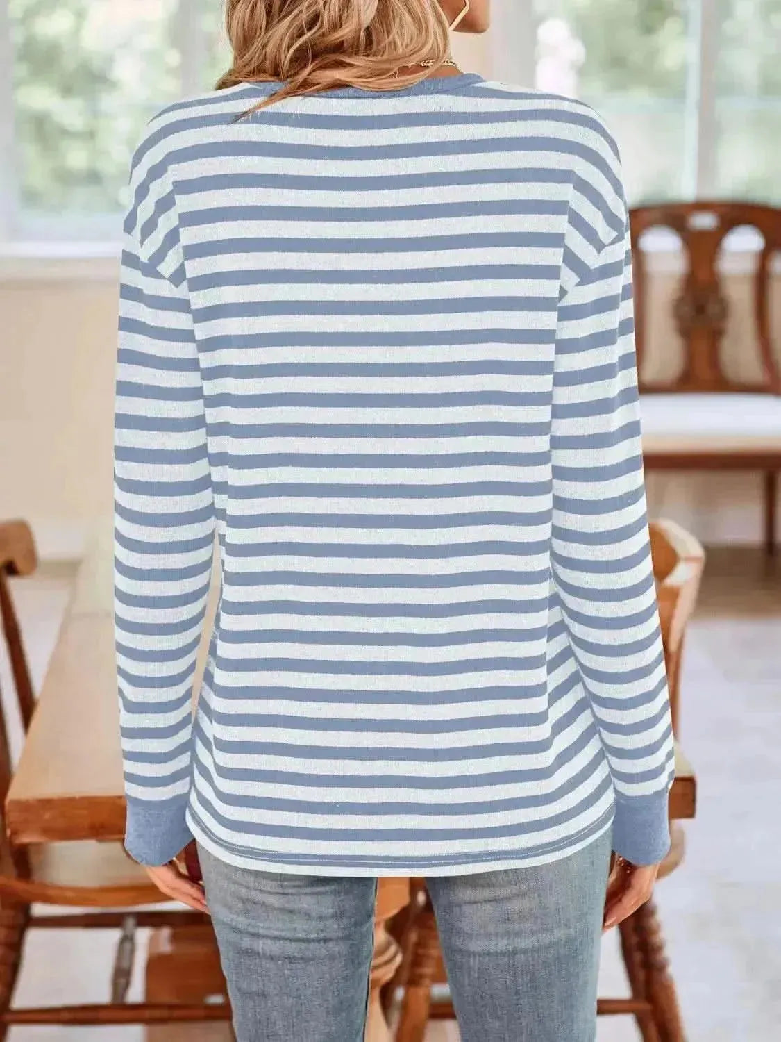 Striped Round Neck Long Sleeve T-Shirt - Bad Moms Club