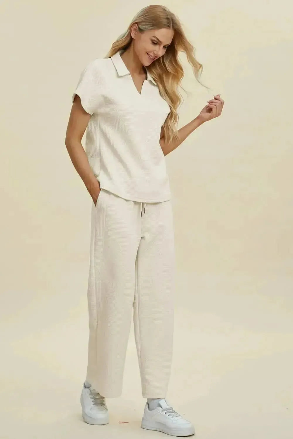 Double Take Full Size Collared Neck Short Sleeve Top and Pants Set - Bad Moms Club