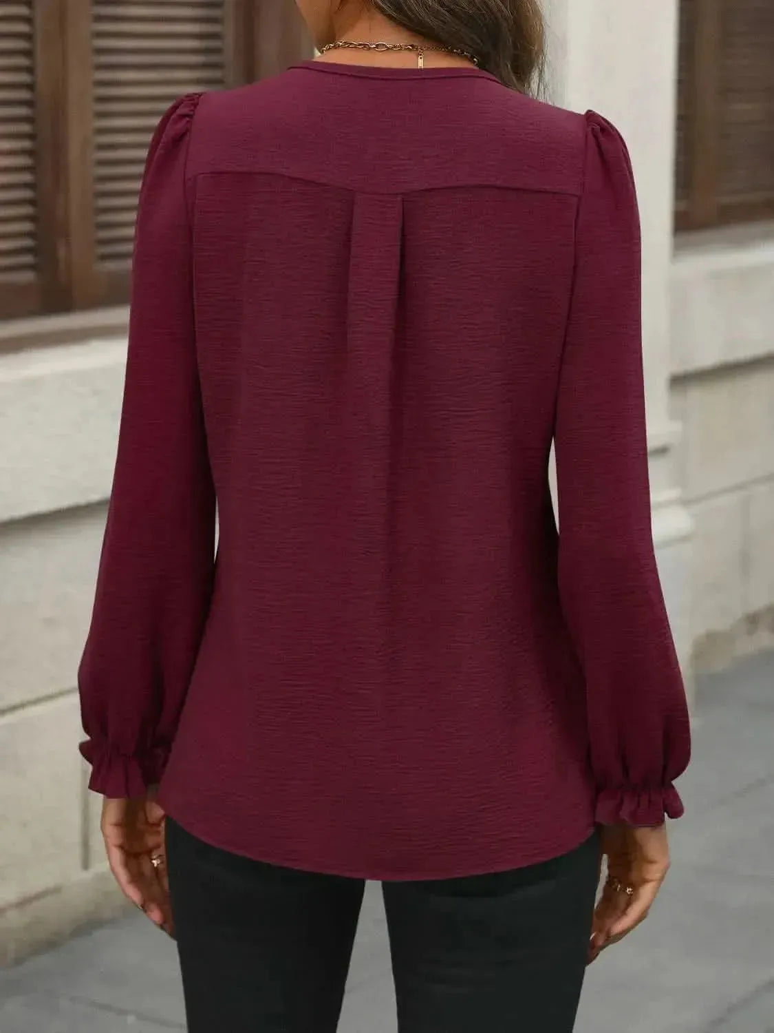Notched Flounce Sleeve Blouse - Bad Moms Club
