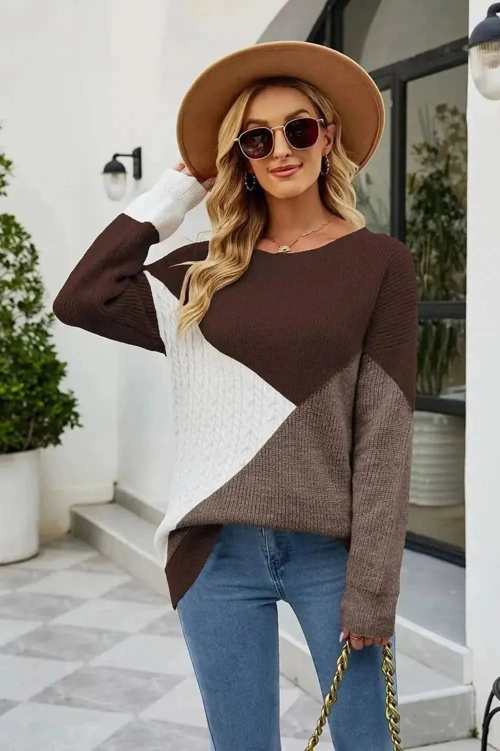 Color Block Round Neck Sweater - Bad Moms Club