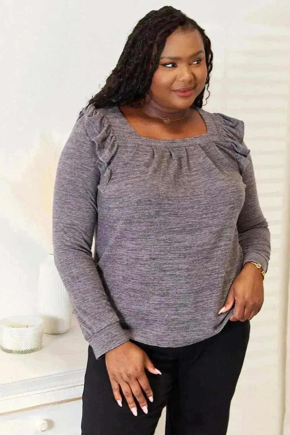 Double Take Square Neck Ruffle Shoulder Long Sleeve T-Shirt - Bad Moms Club