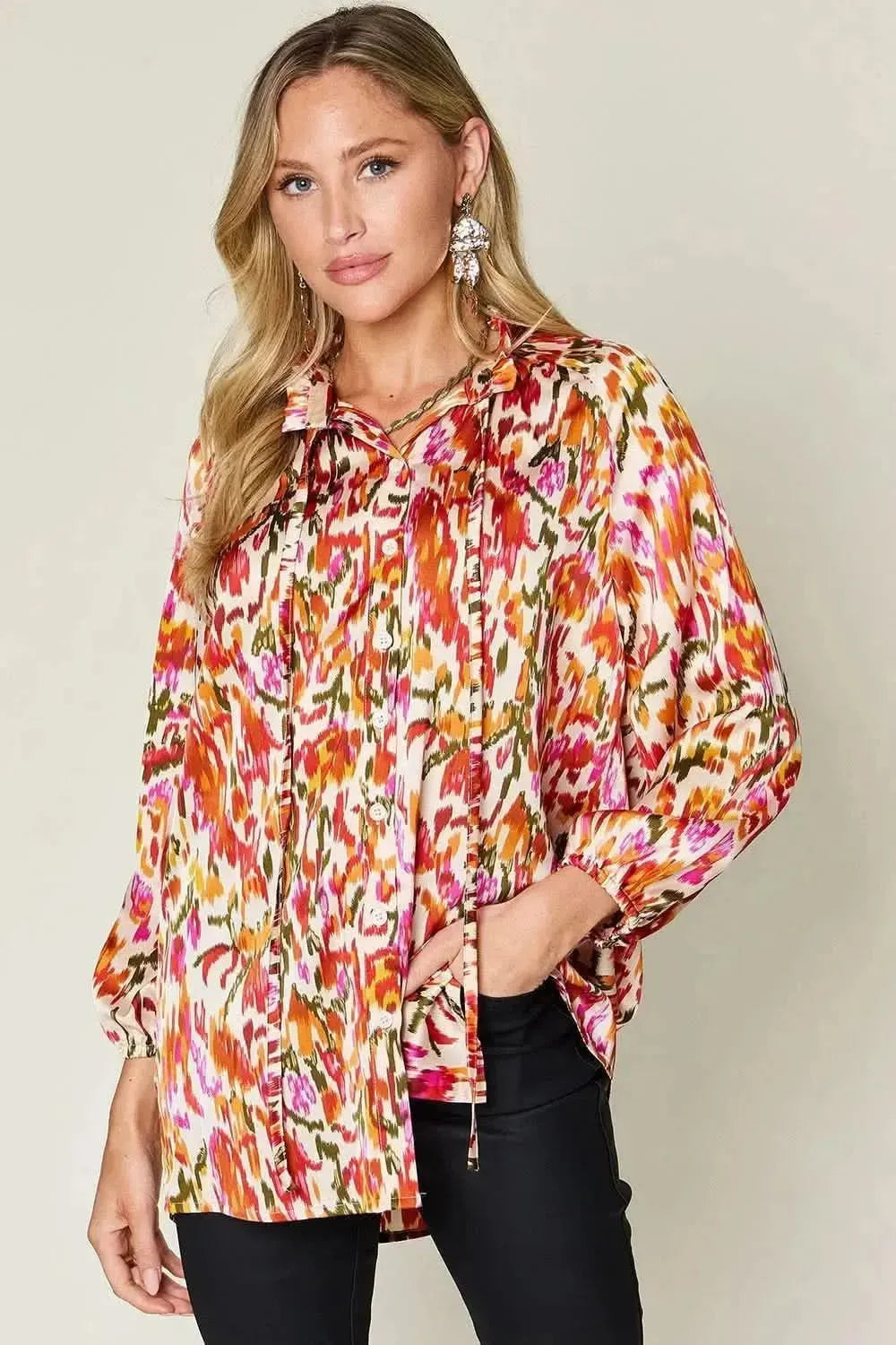 Double Take Full Size Printed Button Up Long Sleeve Shirt - Bad Moms Club