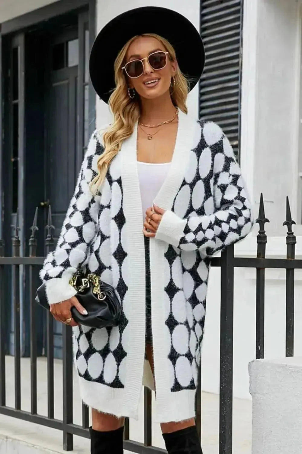 Geometric Open Front Fuzzy Cardigan - Bad Moms Club