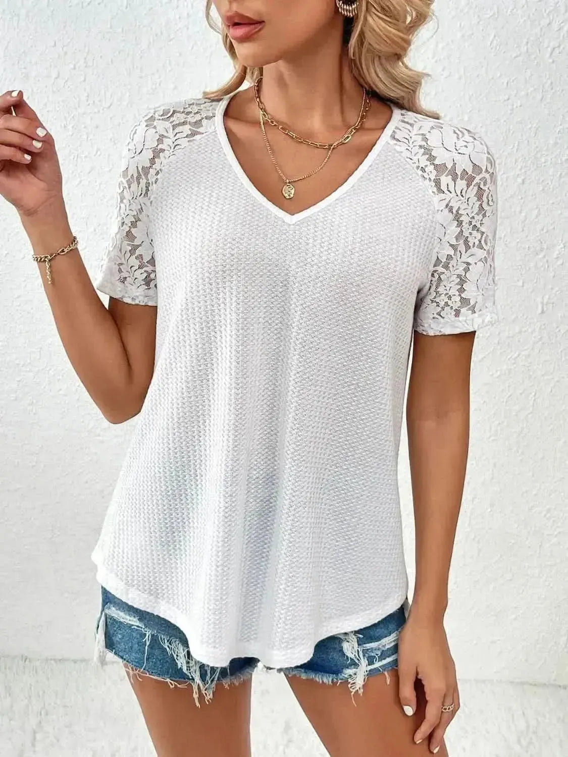Ivy Lane Lace Detail V-Neck Short Sleeve T-Shirt - Bad Moms Club