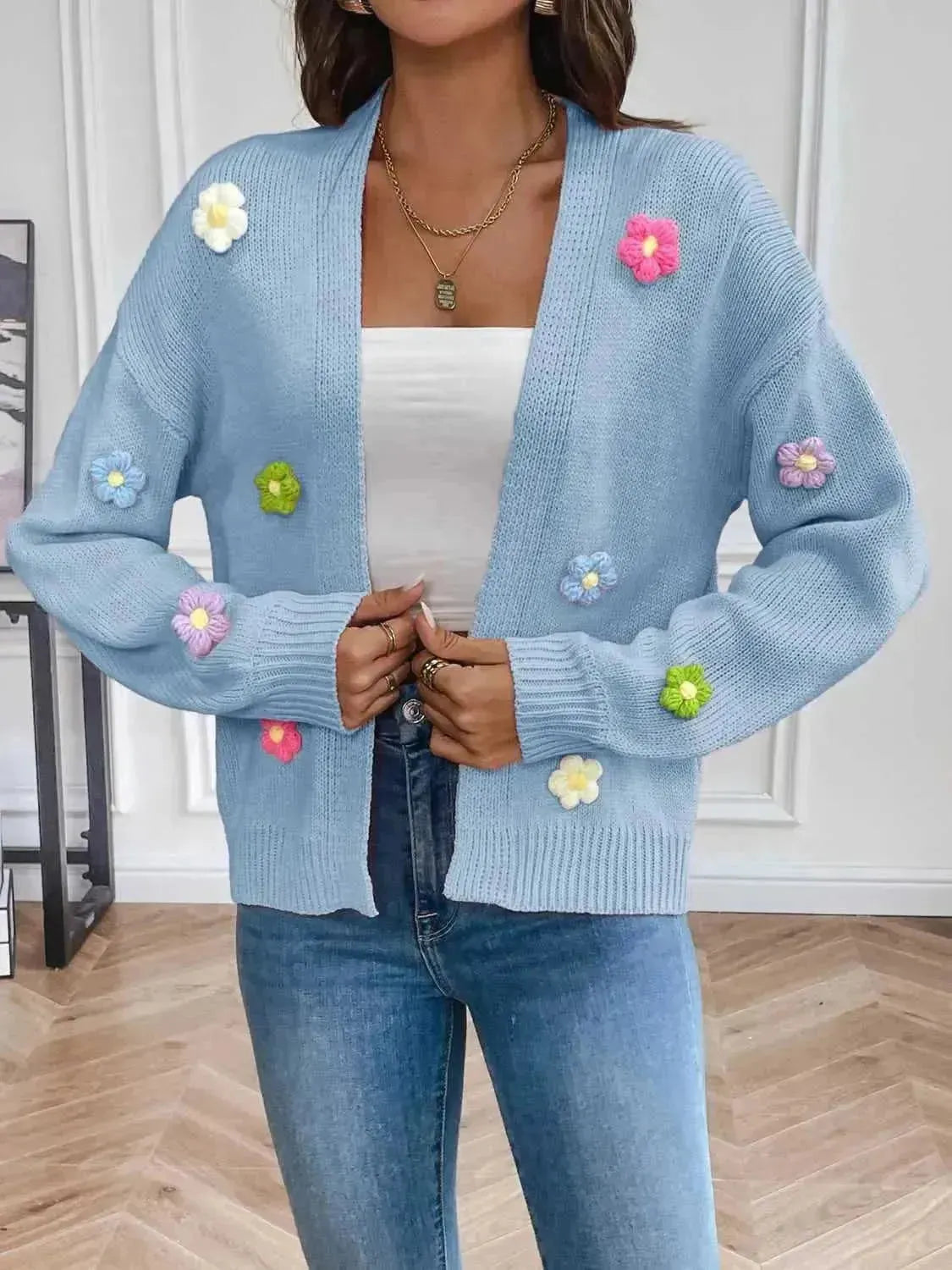 Floral Long Sleeve Open Front Cardigan - Bad Moms Club