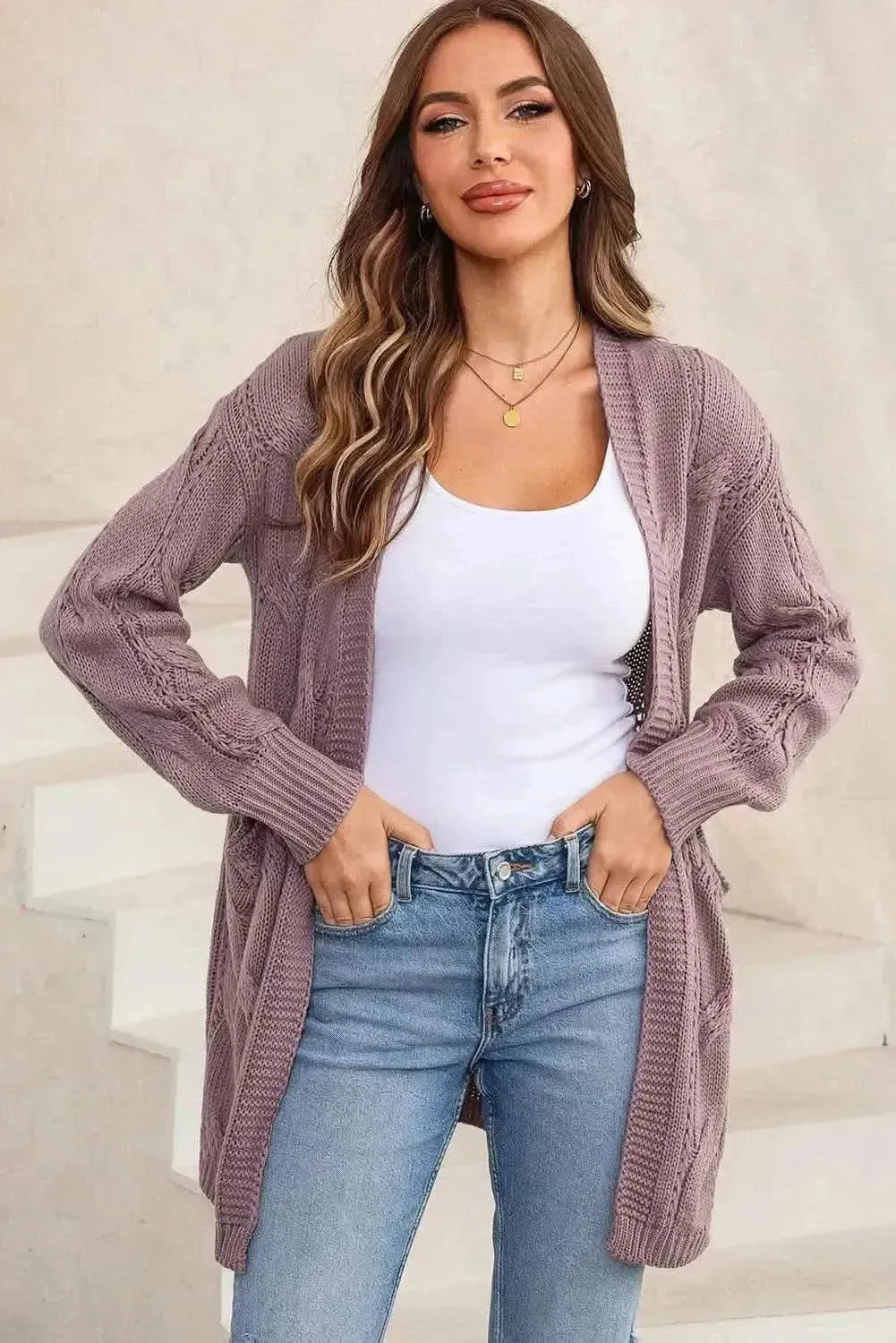Cable-Knit Dropped Shoulder Slit Cardigan - Bad Moms Club