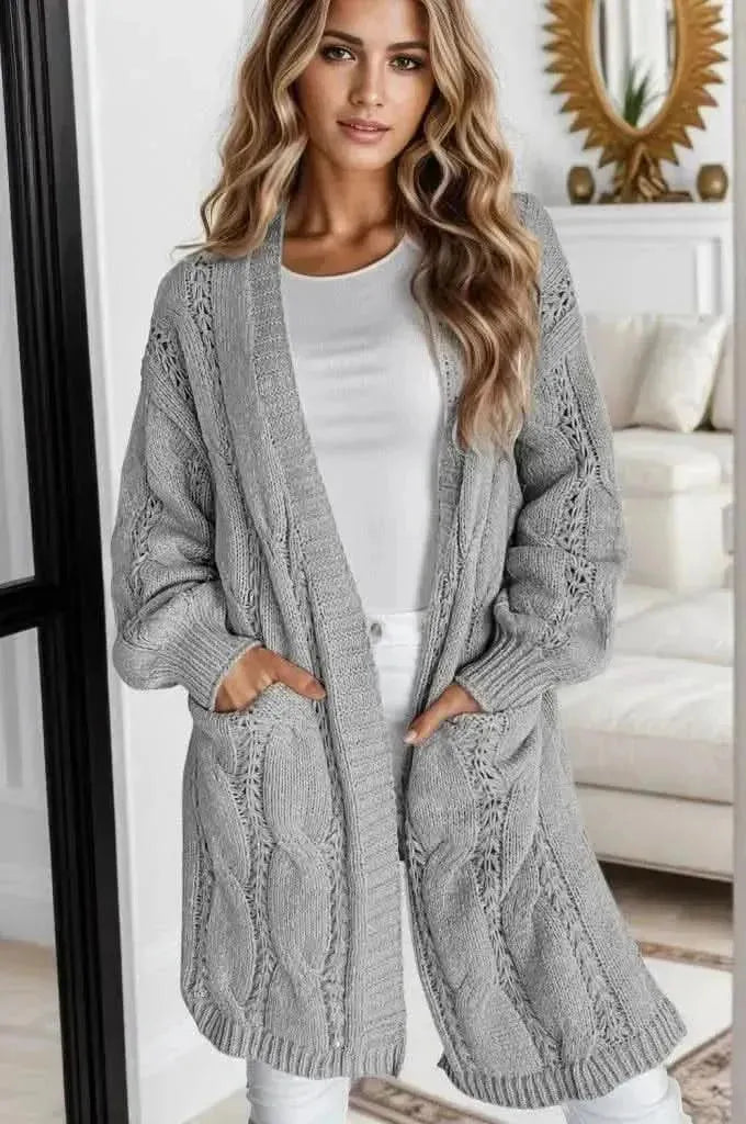 Cable-Knit Dropped Shoulder Slit Cardigan - Bad Moms Club
