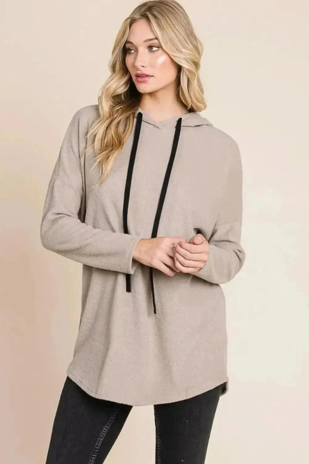 BOMBOM Contrast Drawstring Drop Shoulder Knit Hoodie - Bad Moms Club
