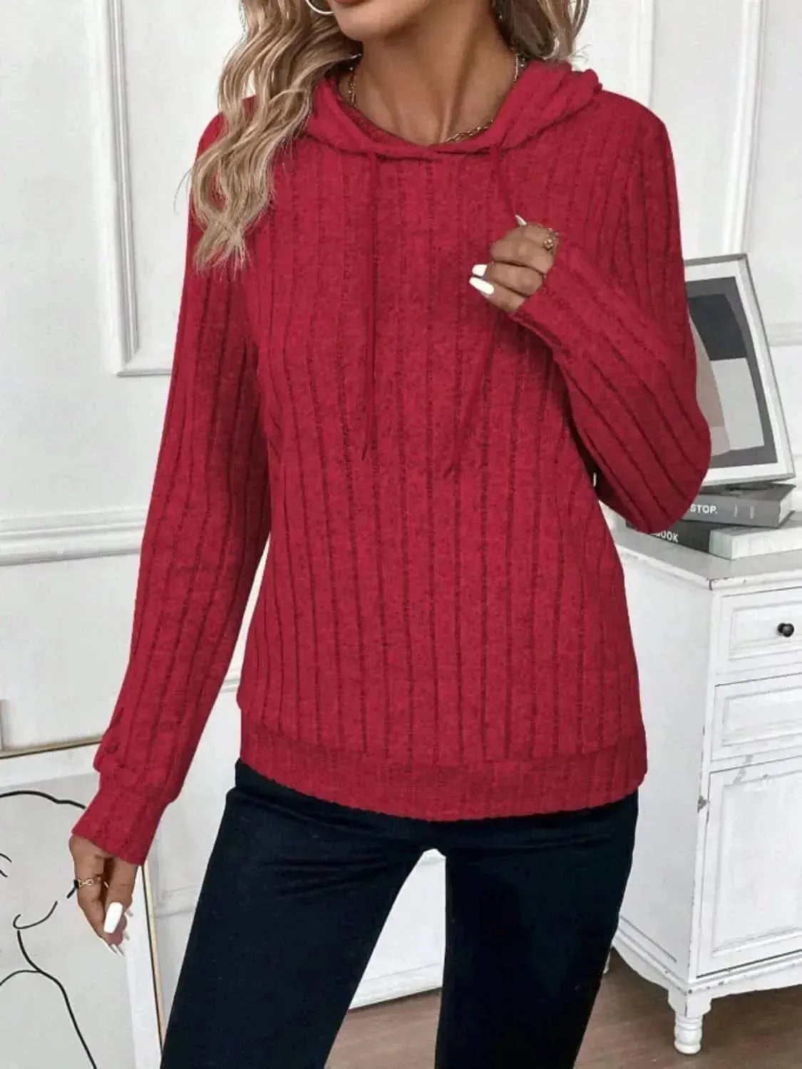 Drawstring Ribbed Long Sleeve Hoodie - Bad Moms Club