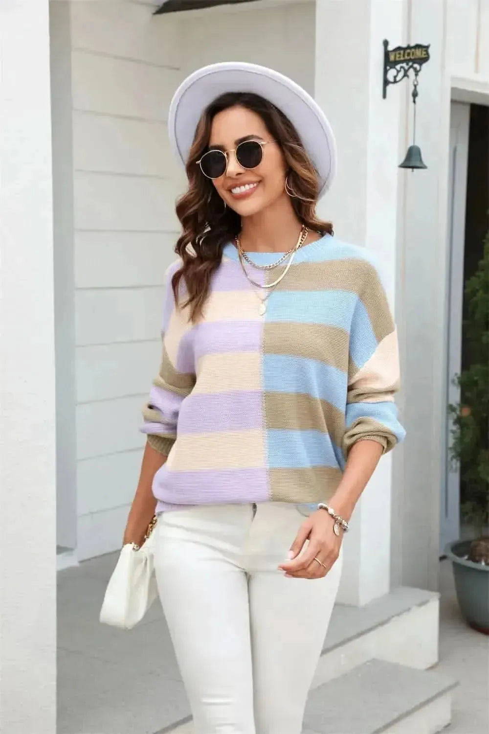 Angel Wings Round Neck Long Sleeve Color Block Dropped Shoulder Pullover Sweater - Bad Moms Club