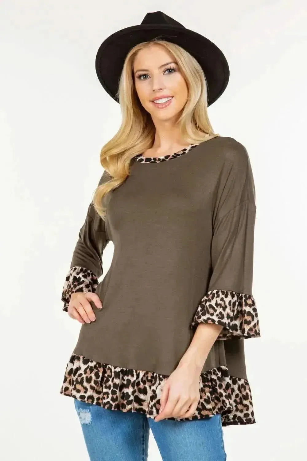 Celeste Full Size Flounce Sleeve Leopard Trim Top - Bad Moms Club