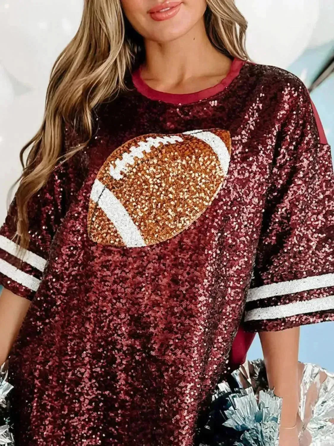 Sequin Football Round Neck Half Sleeve Oversize Top - Bad Moms Club