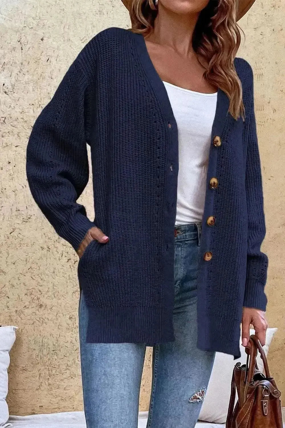 V-Neck Openwork Long Sleeve Cardigan - Bad Moms Club