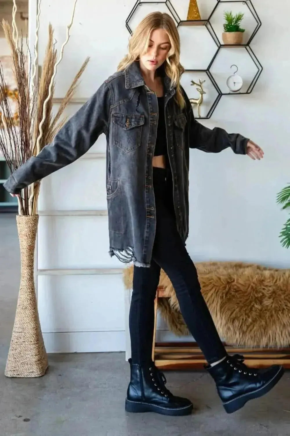 Veveret Button Up Distressed Frayed Hem Denim Jacket - Bad Moms Club