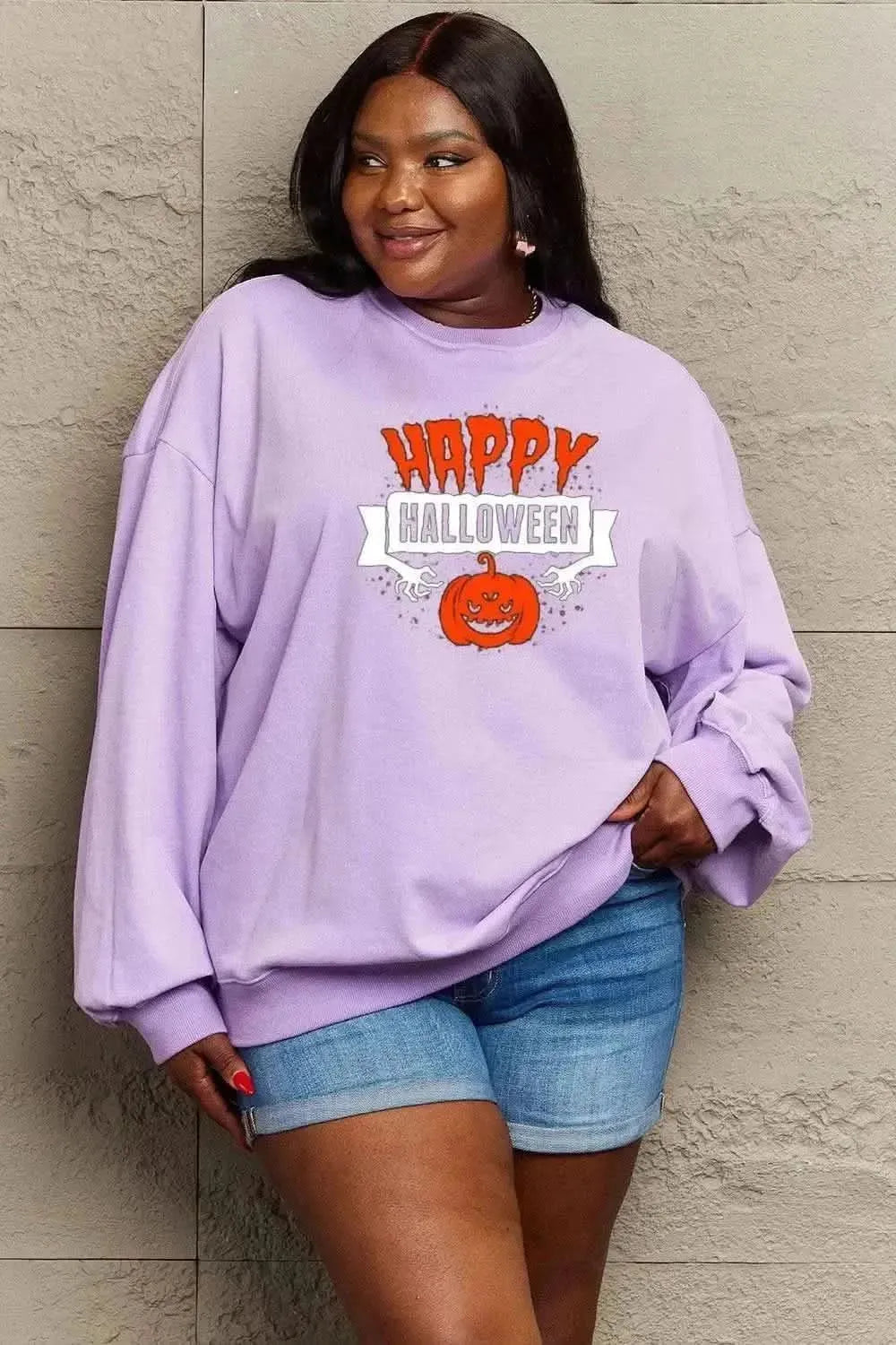Simply Love Full Size HAPPY HALLOWEEN Graphic Sweatshirt - Bad Moms Club