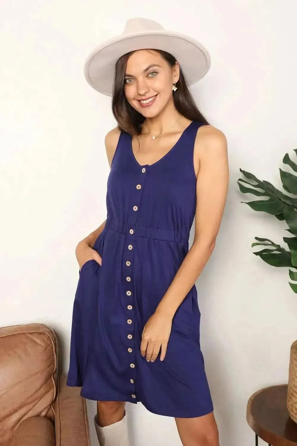 Double Take Button Front Empire Waist Sleeveless Slit Magic Dress - Bad Moms Club