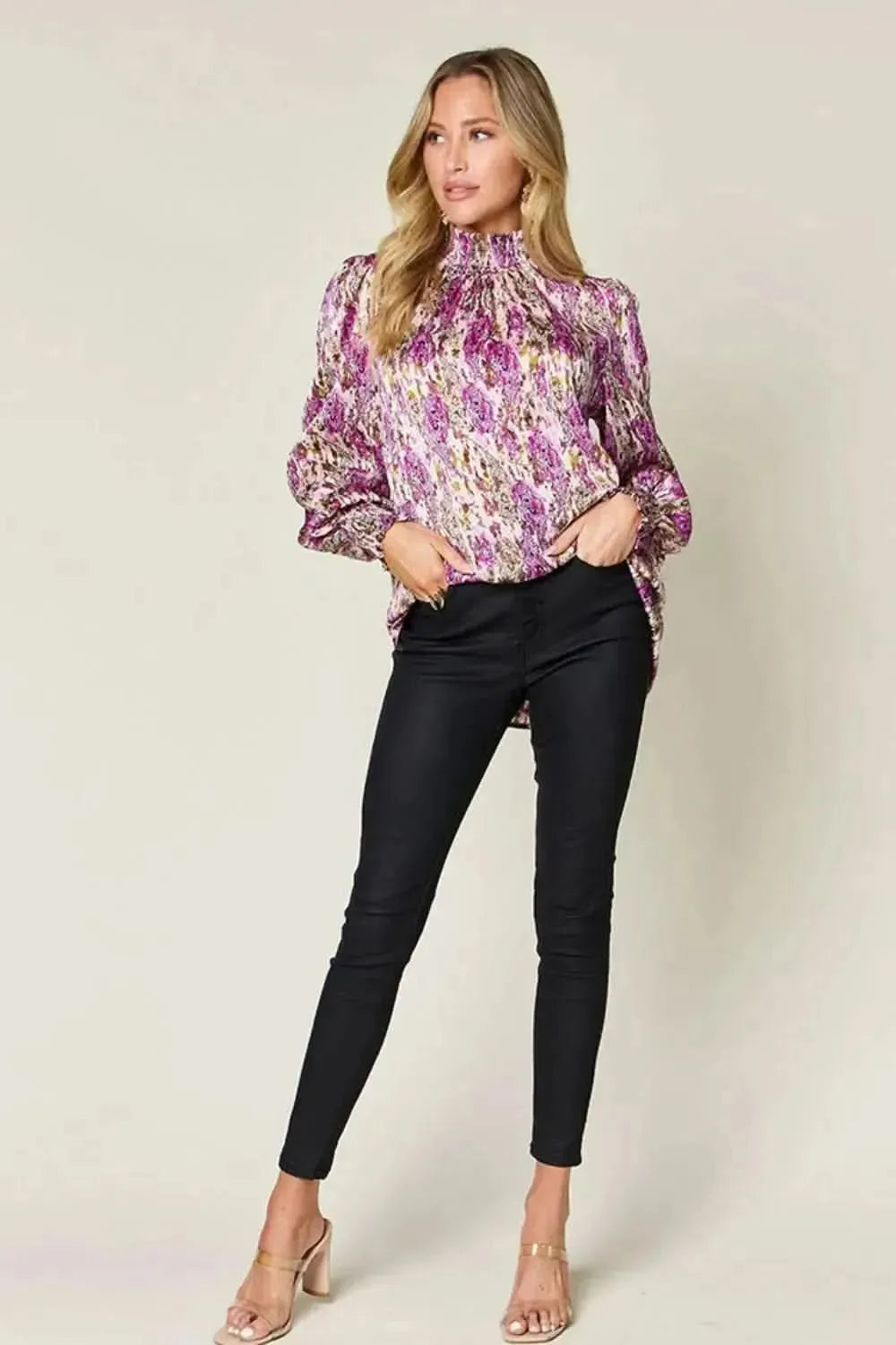 Double Take Full Size Printed Smocked Long Sleeve Blouse - Bad Moms Club