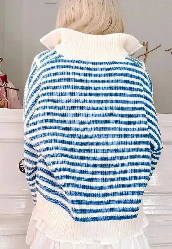 Striped Half Zip Mock Neck Long Sleeve Sweater - Bad Moms Club