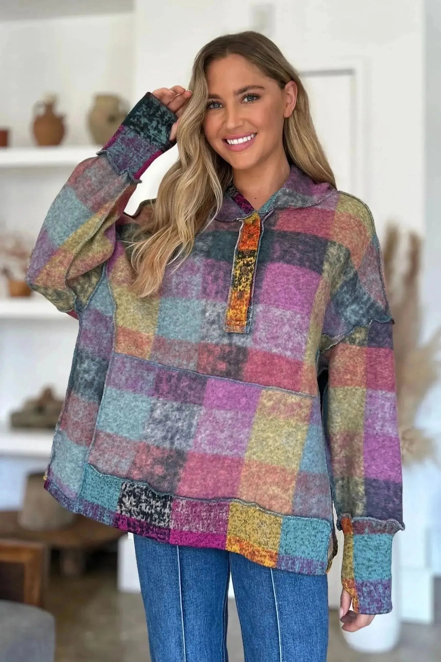 Double Take Full Size Plaid Dropped Shoulder Fleece Hoodie - Bad Moms Club