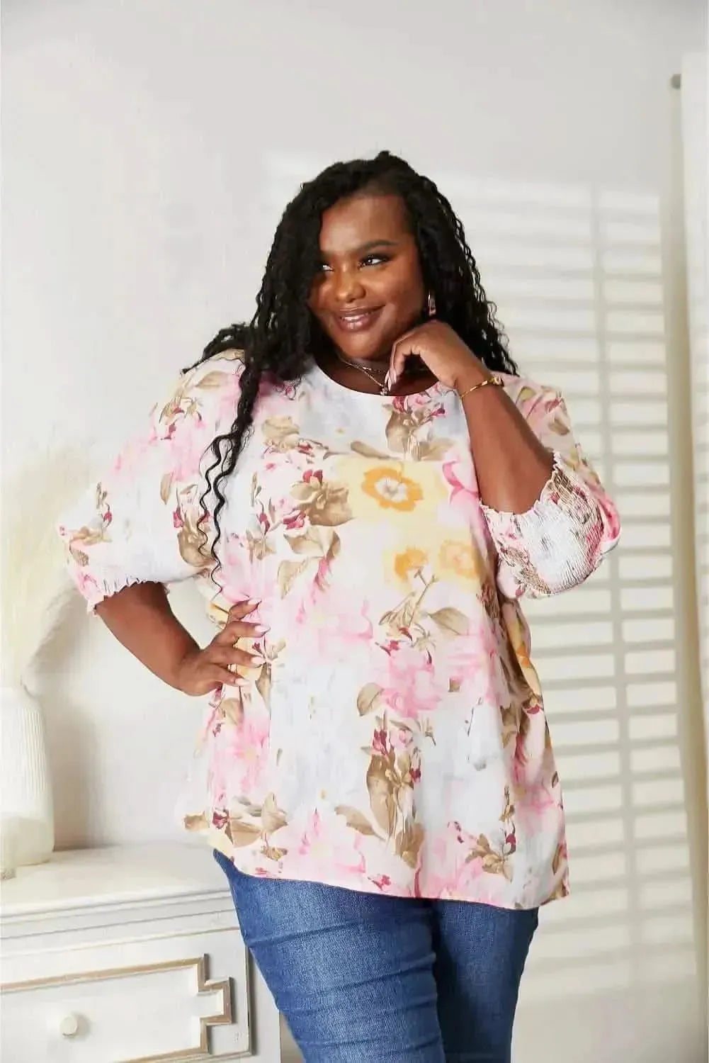 Double Take Floral Round Neck Three-Quarter Sleeve Top - Bad Moms Club