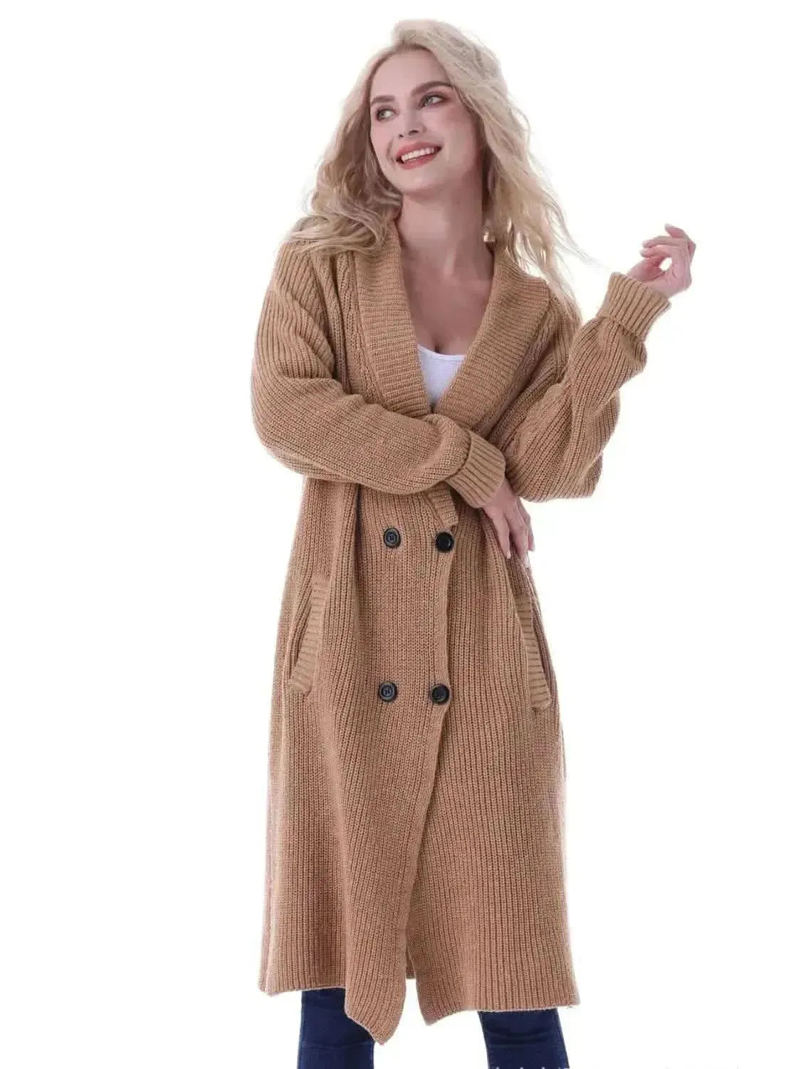 Double-Breasted Longline Cardigan with Pockets - Bad Moms Club