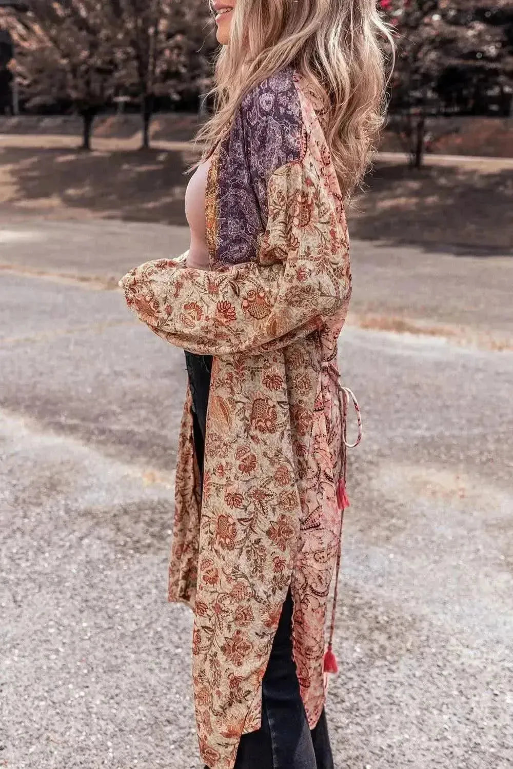 Floral Tassel Tied Open Front Long Sleeve Cardigan - Bad Moms Club