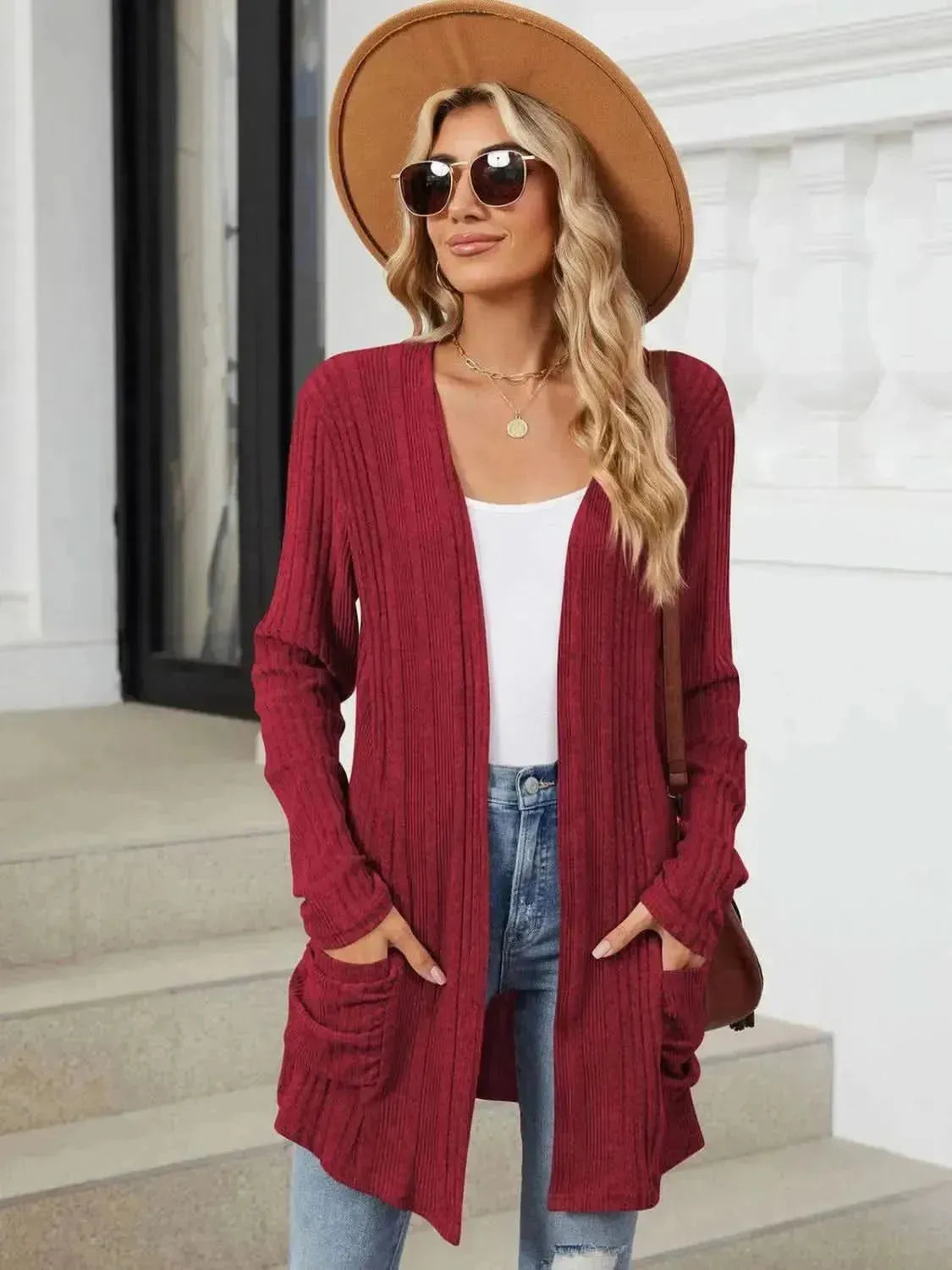 Pocketed Open Front Long Sleeve Cardigan - Bad Moms Club