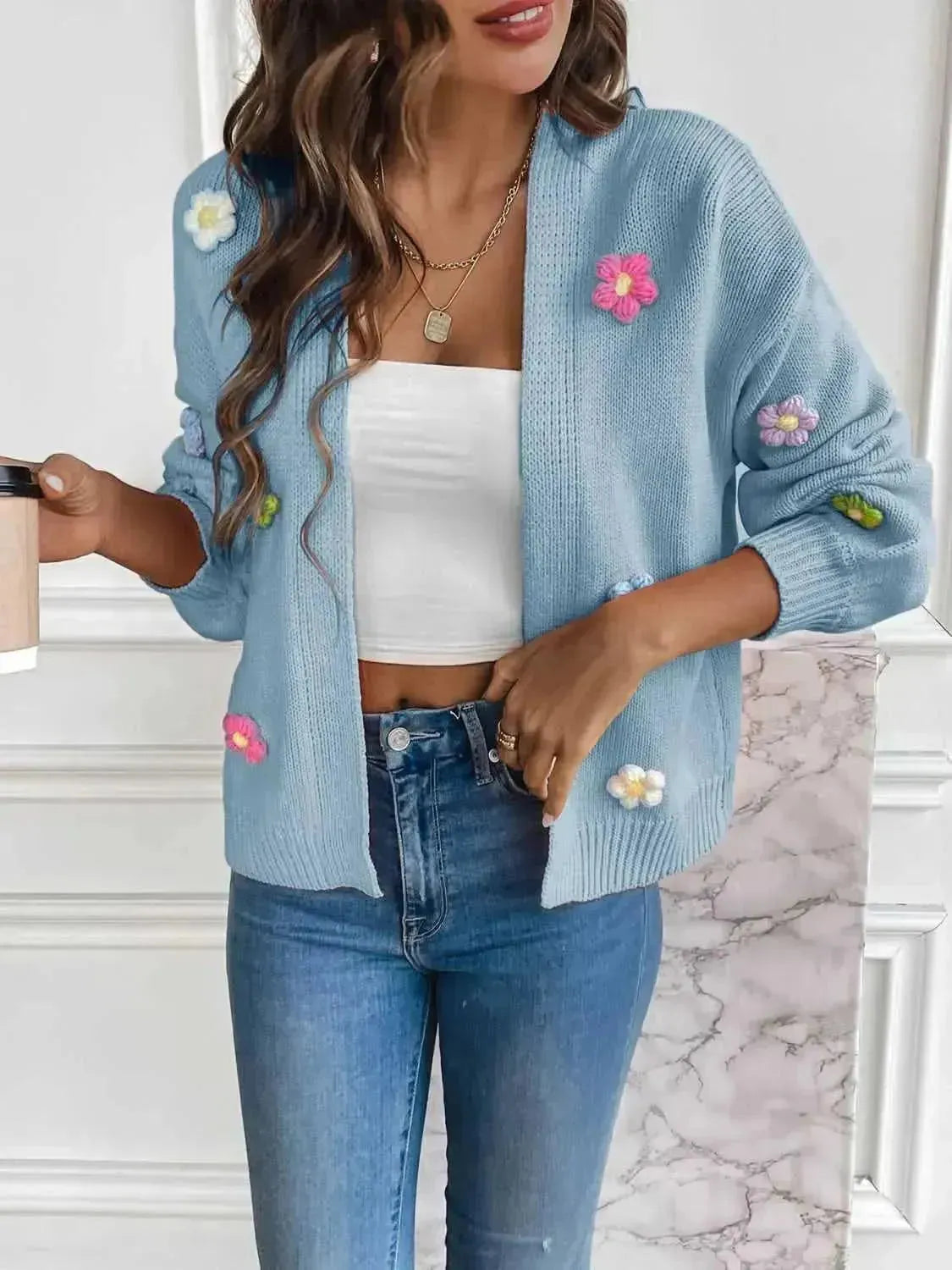 Floral Long Sleeve Open Front Cardigan - Bad Moms Club
