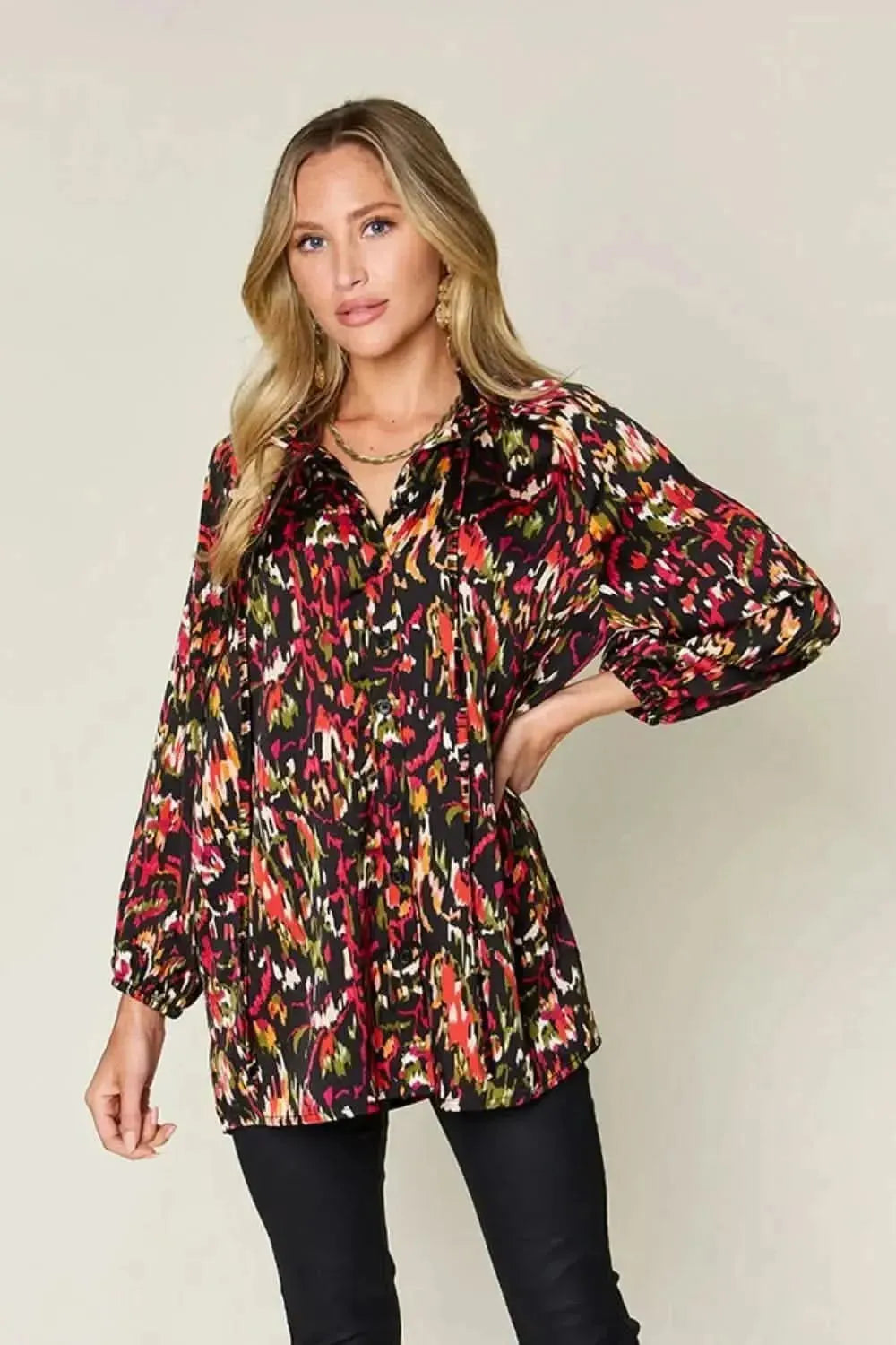 Double Take Full Size Printed Button Up Long Sleeve Shirt - Bad Moms Club