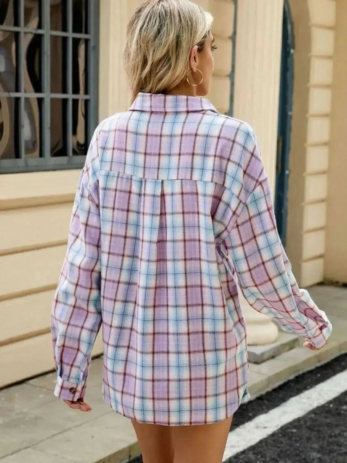 Plaid Collared Neck Long Sleeve Shirt - Bad Moms Club