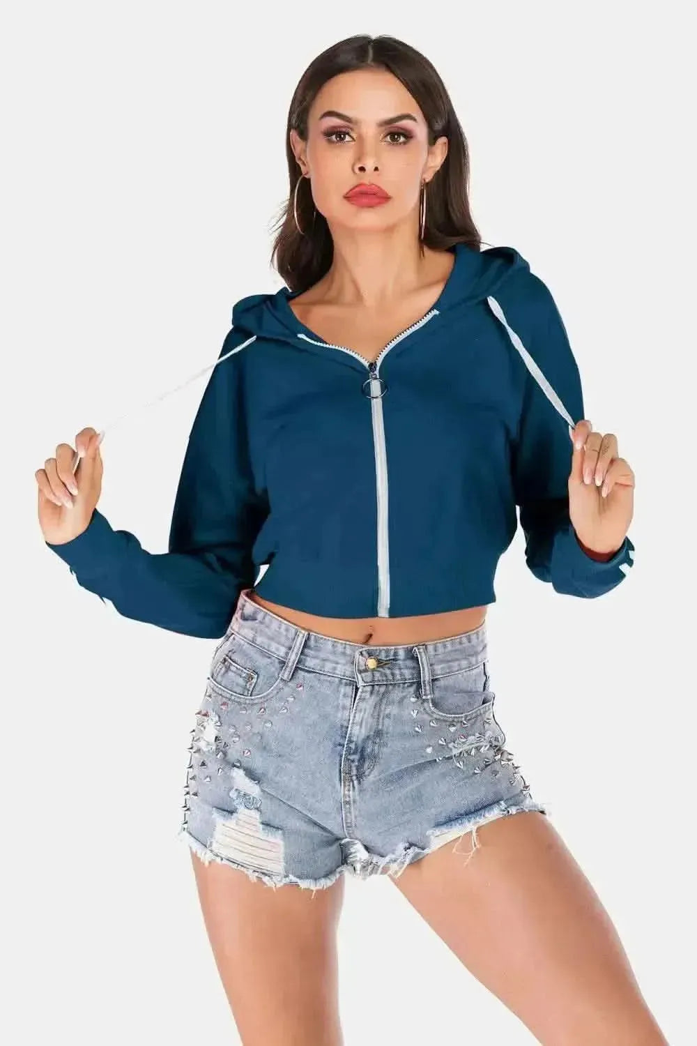 Perfee Side Stripe Drawstring Cropped Hooded Jacket - Bad Moms Club