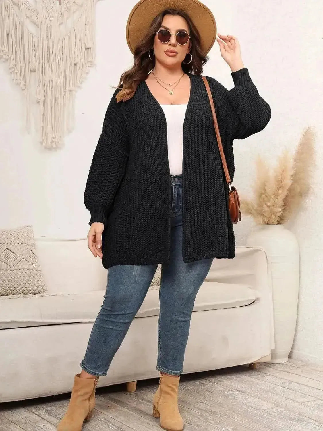 Plus Size Open Front Dropped Shoulder Knit Cardigan - Bad Moms Club