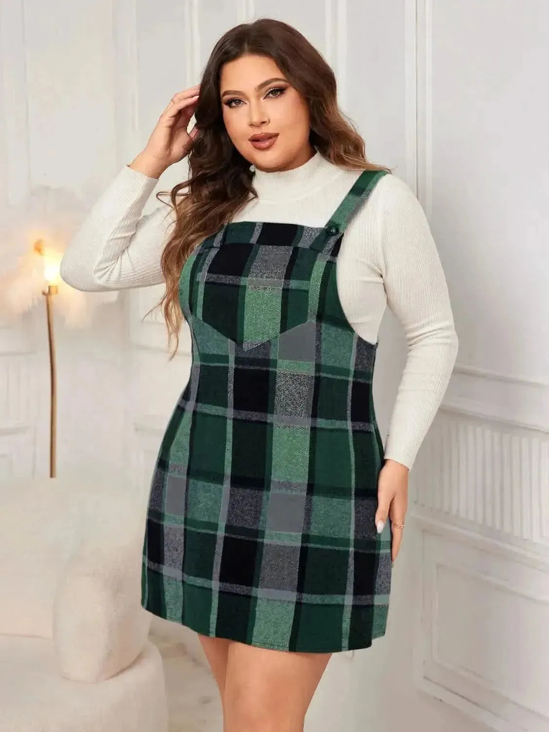 Honey Plus Size Plaid Wide Strap Overall Dress - Bad Moms Club