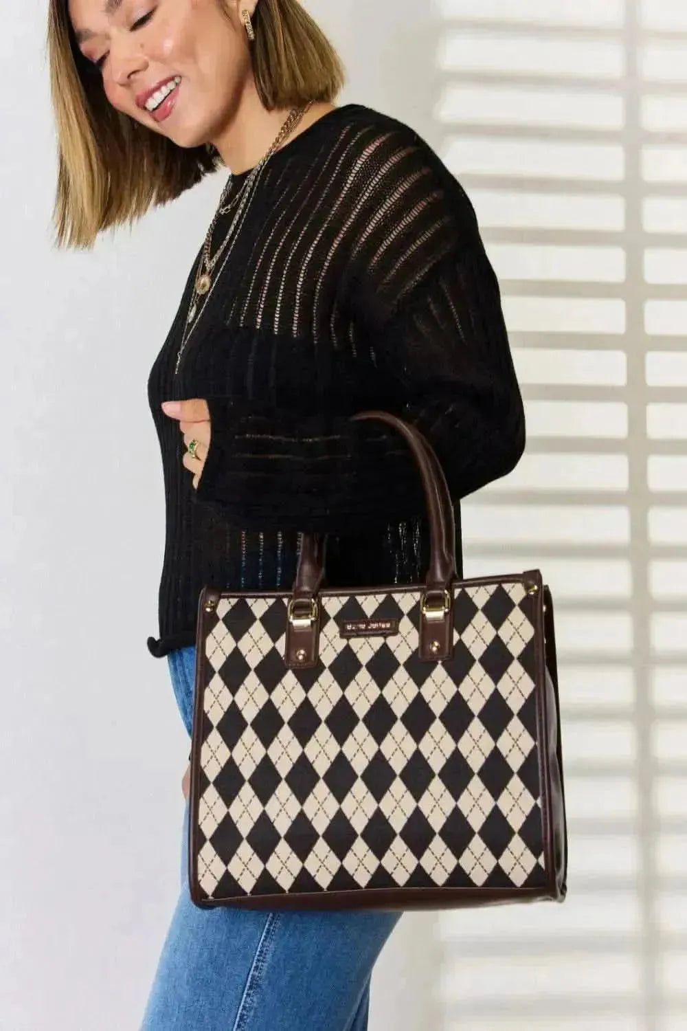 David Jones Argyle Pattern PU Leather Handbag - Bad Moms Club