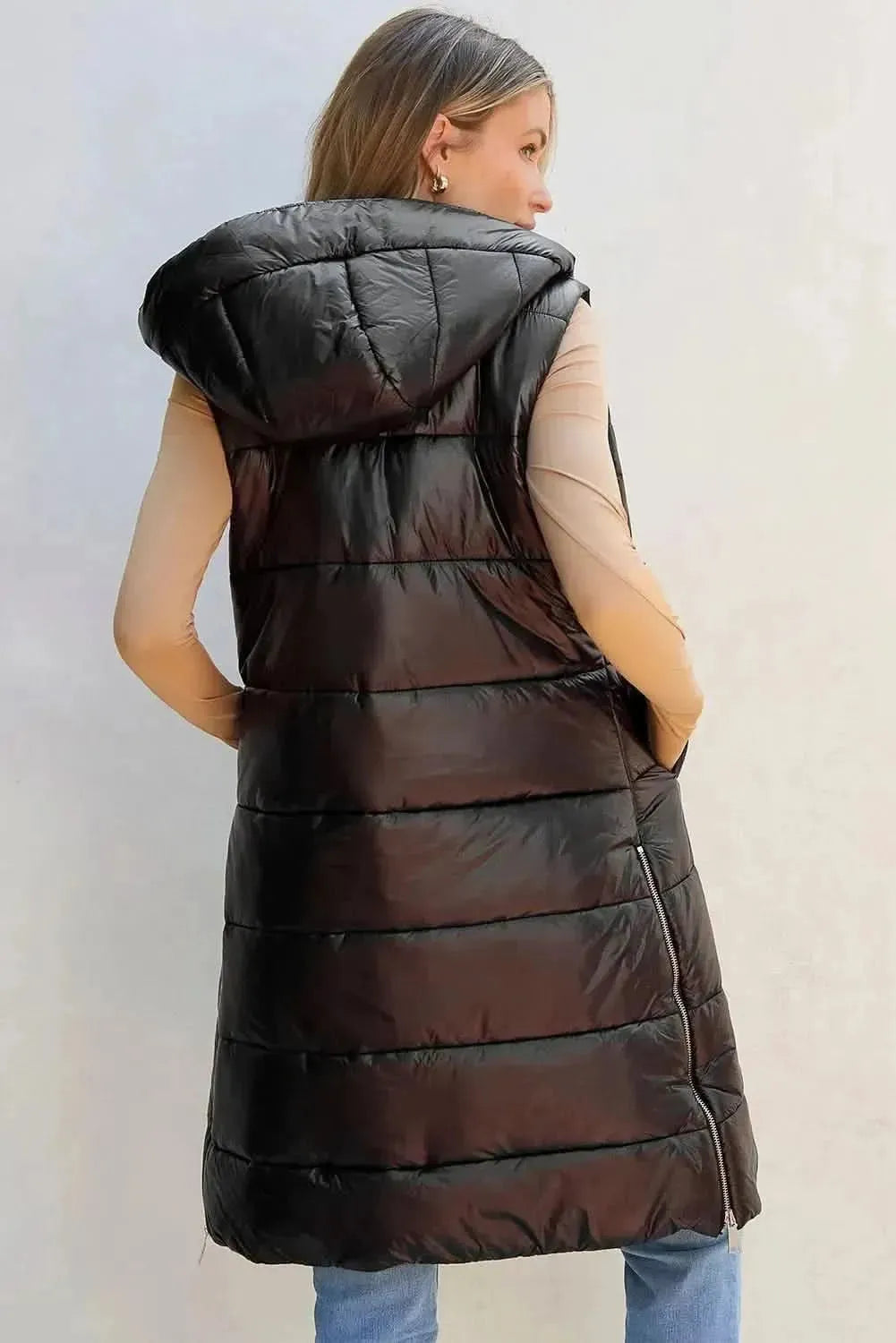Longline Hooded Sleeveless Puffer Vest - Bad Moms Club