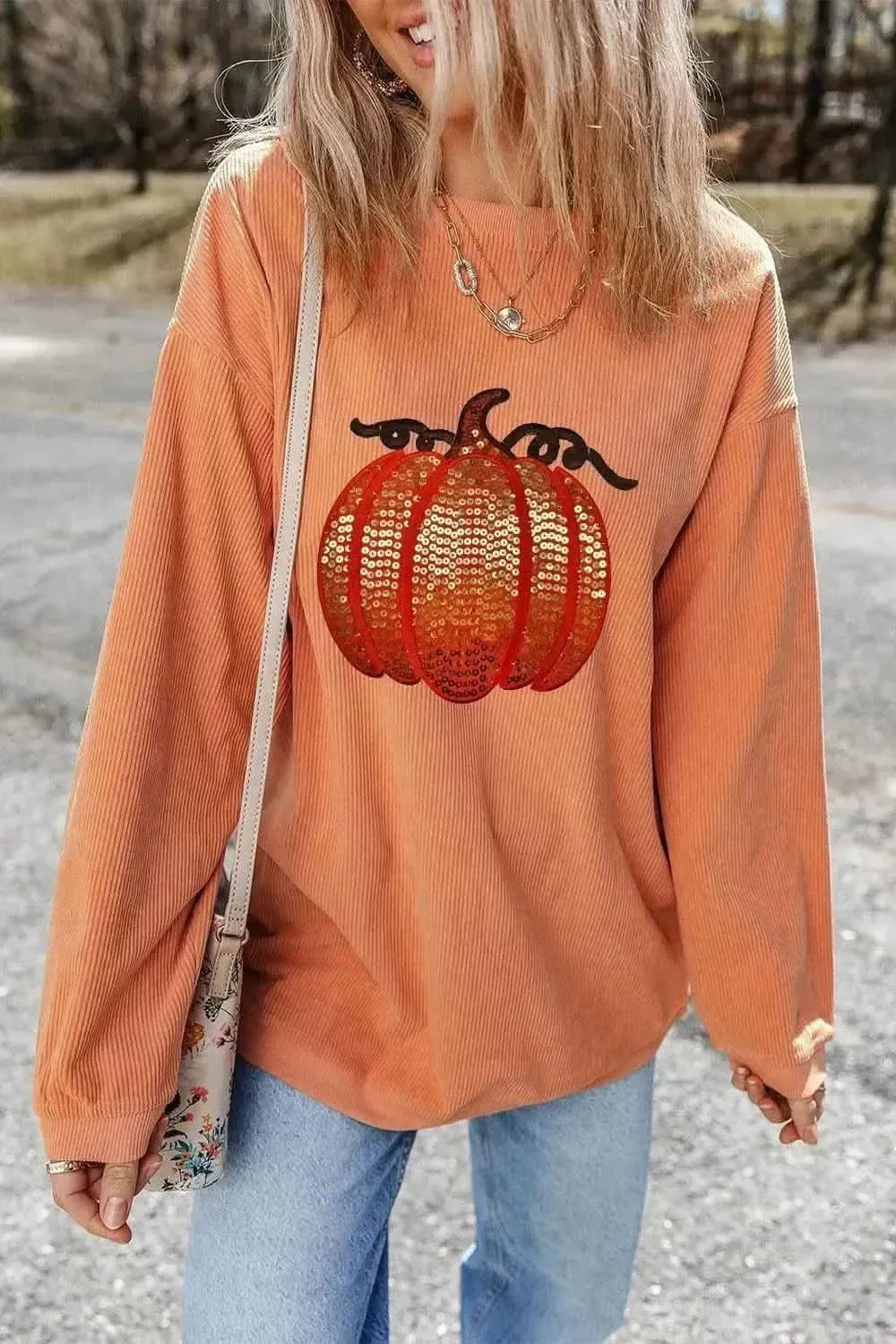 Sequin Pumpkin Round Neck Long Sleeve Sweatshirt - Bad Moms Club