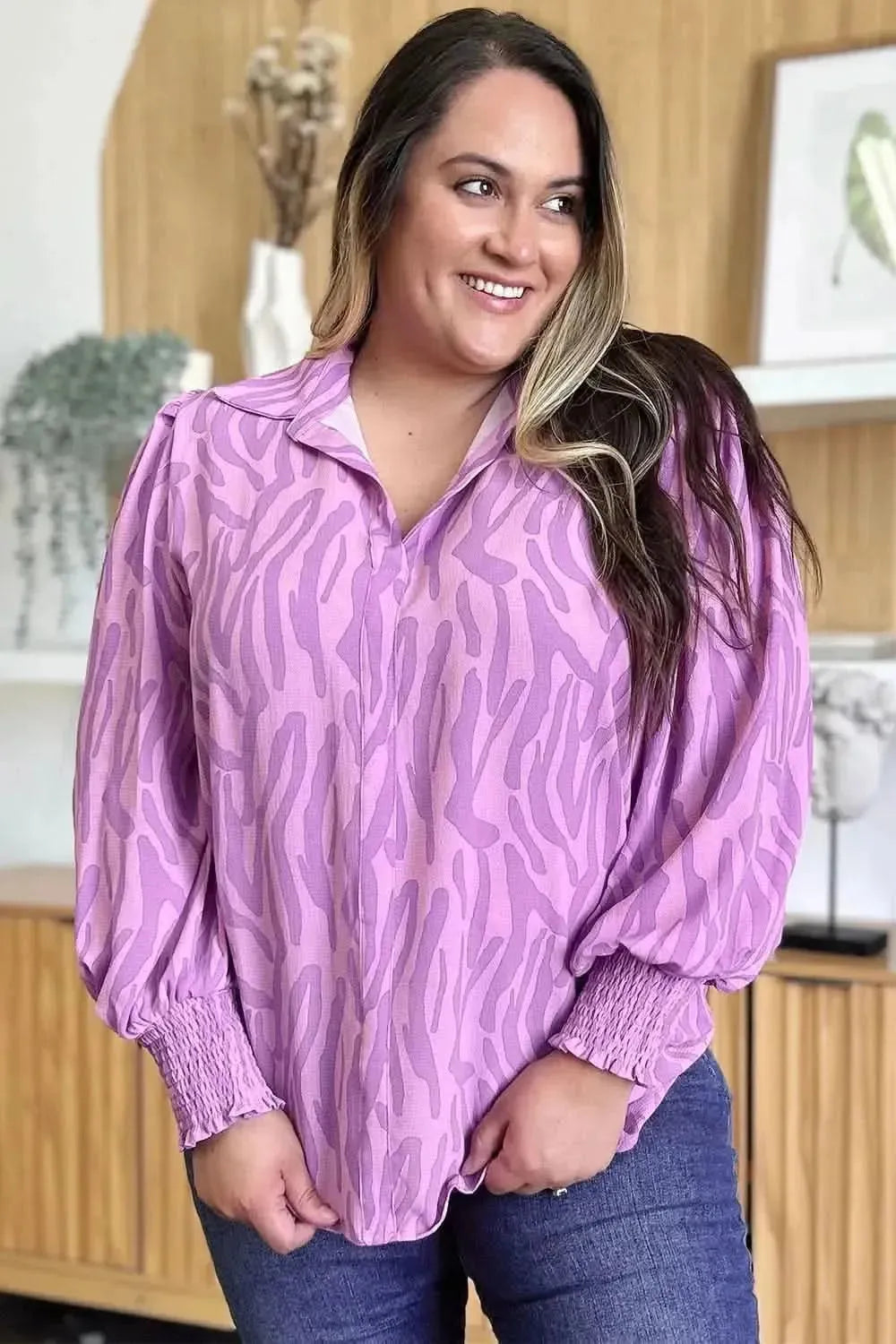 Double Take Full Size Printed Smocked Long Sleeve Blouse - Bad Moms Club