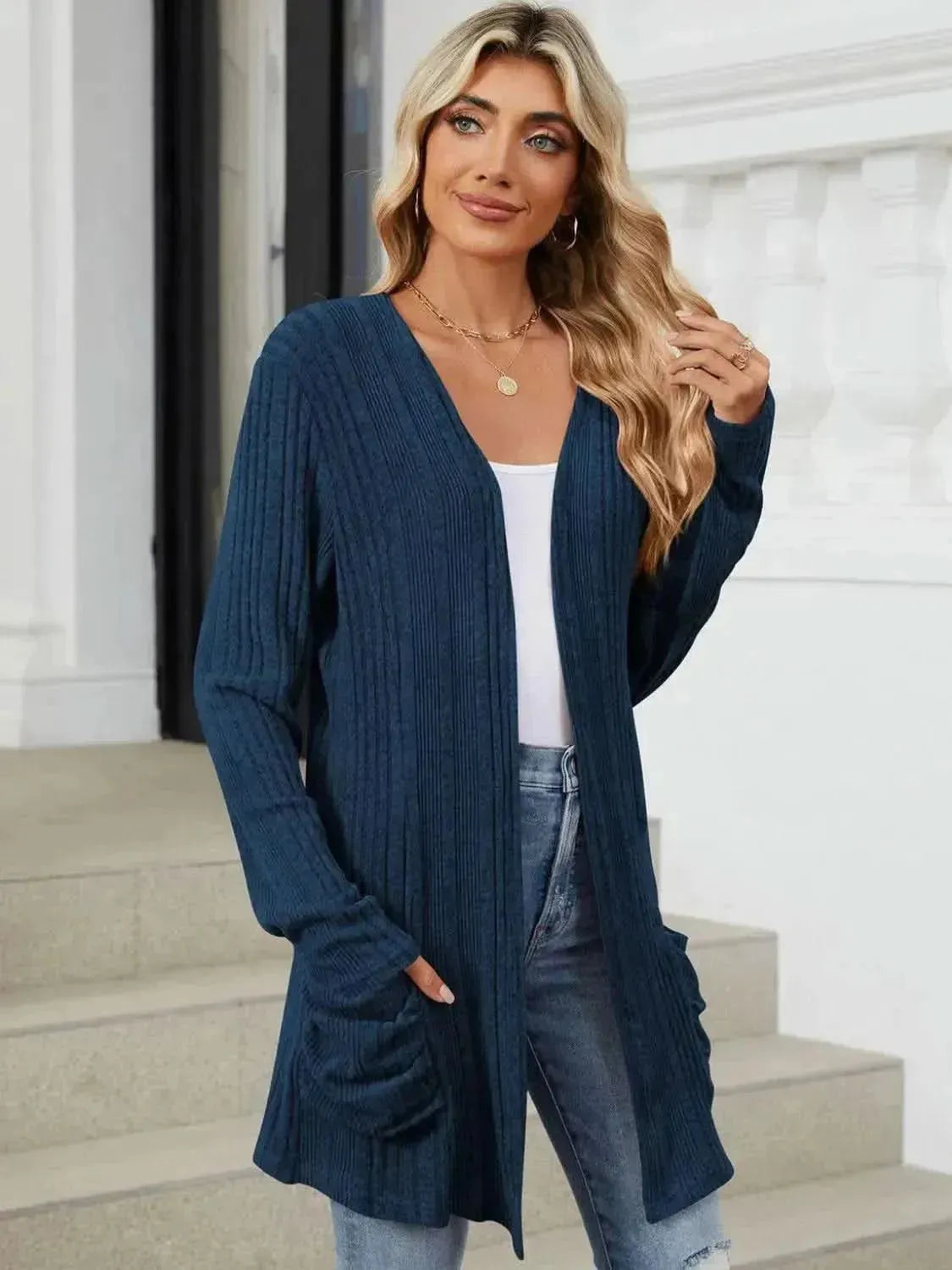 Pocketed Open Front Long Sleeve Cardigan - Bad Moms Club