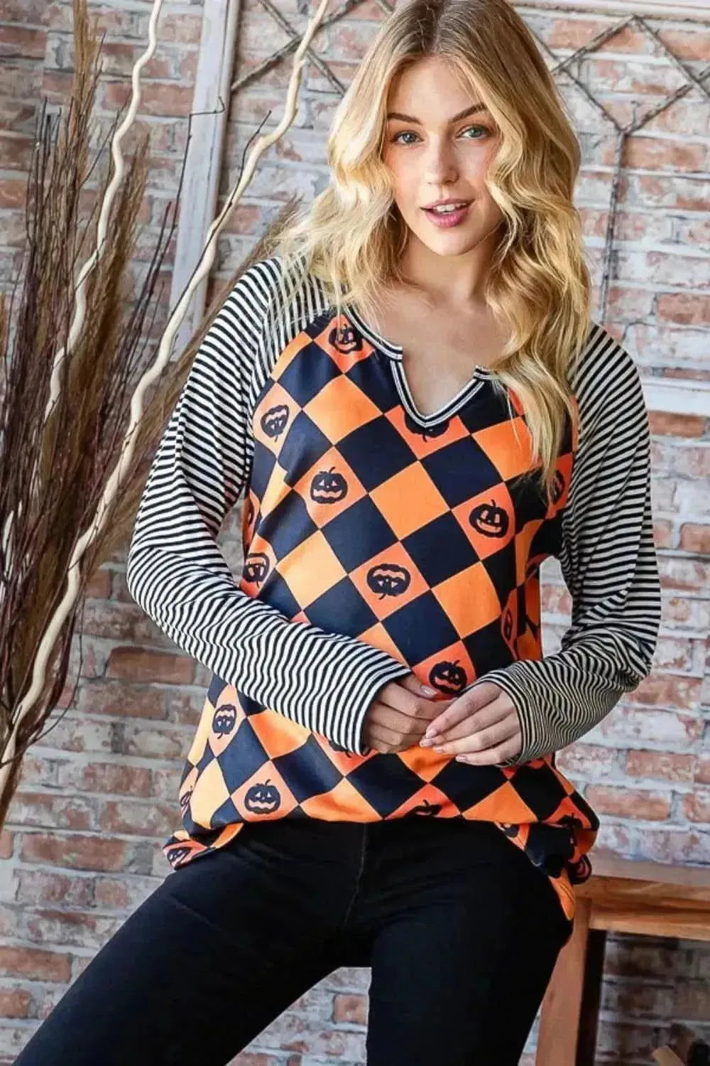 Heimish Full Size Checkered Contrast Striped Long Sleeve T-Shirt - Bad Moms Club